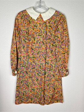 Vtg  60’s Dress Floral Peter Pan Collar Olive Green Pink Orange S-M (see meas)